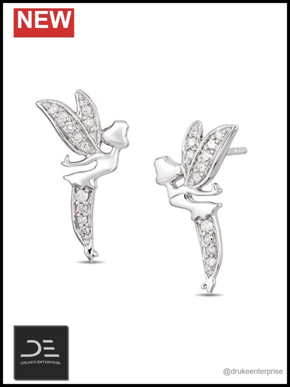 Tinker Bell Stud Earrings Sterling Silver Diamond Disney Fairy Jewelry